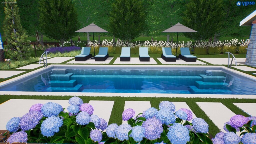 Fiberglass pool with steps, surrounded by lounge chairs and hydrangeas, set in a landscaped backyard in Chappaqua, NY, highlighting Coastal Pools & Spas' design expertise.