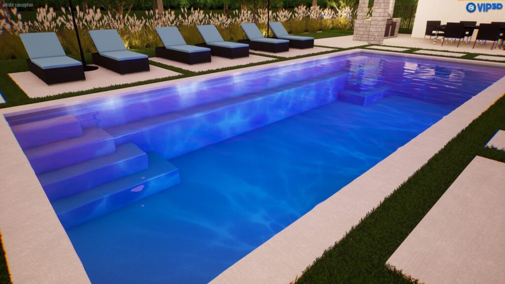 Fiberglass inground pool with steps, surrounded by lounge chairs and landscaped area, showcasing a modern design ideal for outdoor spaces in Bedford, NY.